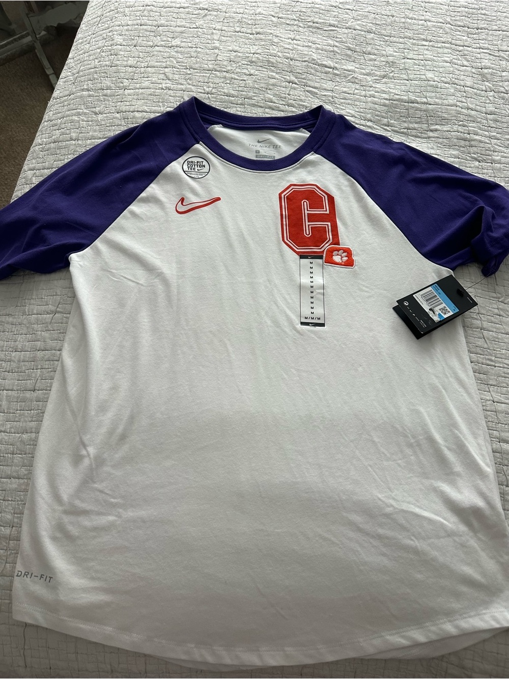 Nike Men’s White & Purple Raglan Short-Sleeve Shirt with C Patch Clemson